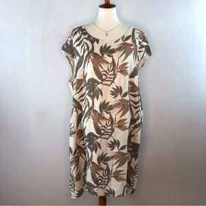 Lungo Larno Tan, Ivory & Gray Pattern Linen Cap Sleeve Shift Dress Size 3X
